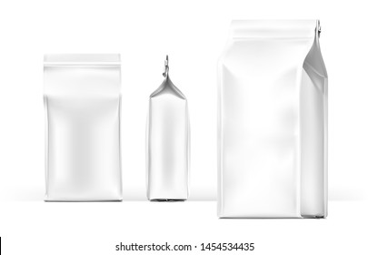 Quad seal bag package mockup. Vector illustration isolated on white background. Can be use for coffee, tea, salt, snack, flour and etc. Packaging mockup ready for your design. EPS10.	