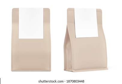 Bolsa de papel de precinto cuádruple con simulación de etiqueta. Ilustración vectorial aislada en fondo blanco. La mejor solución para presentar tu marca, diseño, promoción. EPS10.	