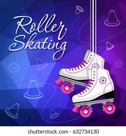 Quad skates classic. Roller skates hanging on the laces. Sport background. Vector illustration.