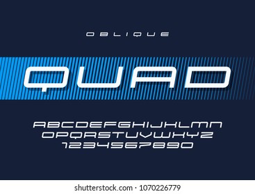 Quad vector oblique futuristic sports typeface, uppercase letters and numbers, alphabet, font, typography. Global swatches.