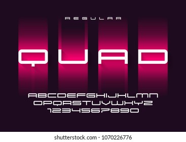 Quad vector regular futuristic sports typeface, uppercase letters and numbers, alphabet, font, typography. Global swatches.