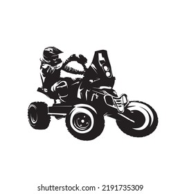 Quadbike isolated vector silhouette, atv racing. Rally with quad logo, side view