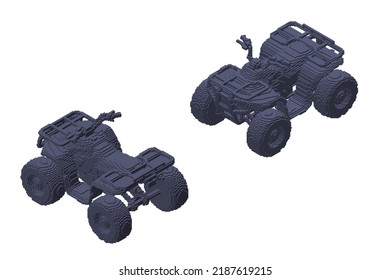 Quadbike made from cubes. Voxel quadricycle. 3d Vector illustration. Isometric projection.