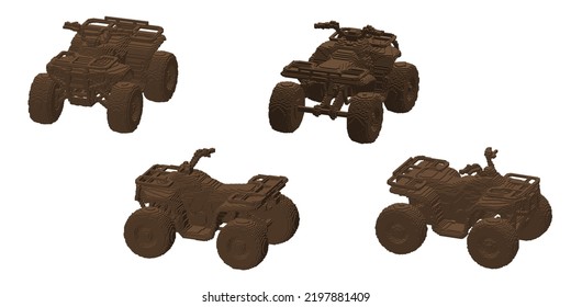 Quadbike made from cubes. Voxel quadricycle. 3d Vector illustration. Dimetric projection.