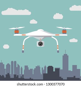 Quadcopter aerial drone with camera for photography or video. Flat design. Vector illustration.