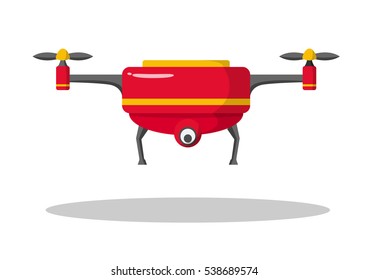 Quadcopter aerial drone with camera for photography or video surveillance. Flat cartoon vector illustration.
