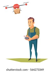 Quadcopter aerial drone with cargo. Drone carrying carton box. Man controls the Unmanned drone. Vector illustration