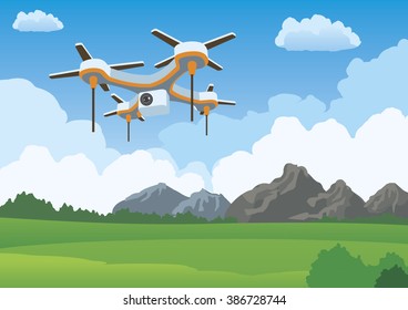 Quadcopter aerial drone flying over landscape with bright sky illustration