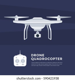 Quadcopter with camera. Concept for aerial surveillance & monitoring. Vector illustration. Flat design style. 