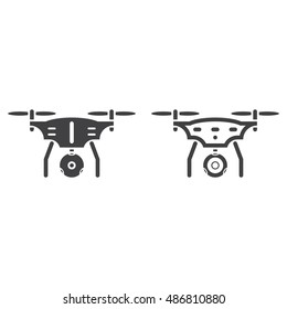 quadcopter with camera line icon, outline and solid vector sign, linear and full pictogram isolated on white, logo illustration