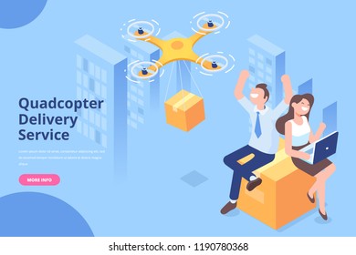 Quadcopter delivery service concept. Modern flat design. 3d vector isometric illustration.