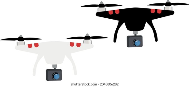 Quadcopter drone schwarz-weiß mit Digitalkamera für Luftaufnahmen. Vektorkunst-Konzept