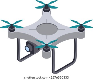 Quadcopter drone with camera hovering, showing propellers and landing gear, in isometric view, ideal for technology and innovation concepts