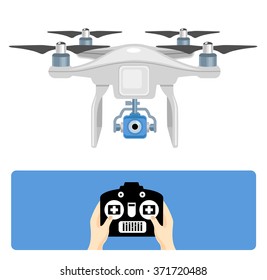 Quadcopter drone with camera for photography or video surveillance. Flat cartoon vector illustration.