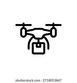 A quadcopter drone carrying a square delivery box underneath depicted in a minimalist monoline style.