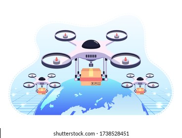 Quadcopter or drone flying over the world globe carrying a package to delivery. Drone delivery business and shipment innovation concept.