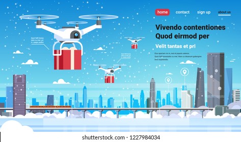quadcopter drone gift box present delivery service happy new year merry christmas concept monorail cityscape background flat horizontal copy space vector illustration