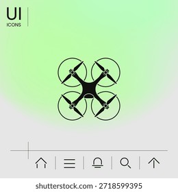 Quadcopter drone icon. Flying drone with camera and propeller guards