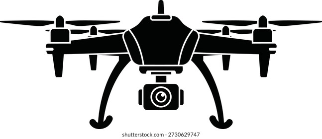 Silhueta de drone quadcopter com câmera montada em gibal e trem de pouso curvo