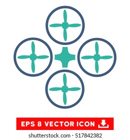 Quadcopter EPS vector pictograph. Illustration style is flat iconic bicolor cobalt and cyan symbol on white background.