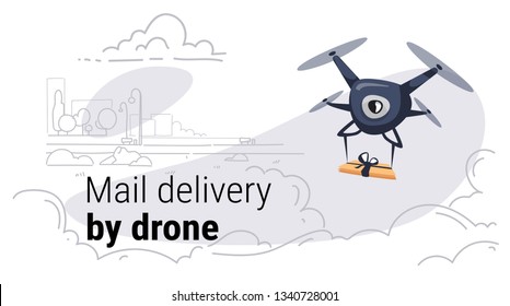 quadcopter express air mail delivery by drone concept modern city buildings cityscape background sketch doodle horizontal