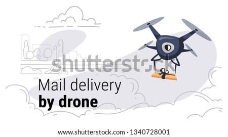 quadcopter express air mail delivery by drone concept modern city buildings cityscape background sketch doodle horizontal