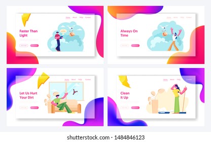 Quadcopter Fast Delivery and Cleaning Smart Technology Website Landing Page. Man Controlling Drone Delivering Parcel Box, People Use Robot in Household Web Page Banner Cartoon Flat Vector Illustration