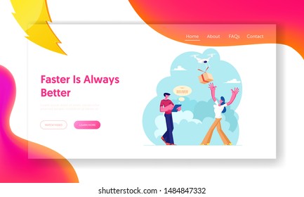 Quadcopter Fast Mail Delivery Service Technology Website Landing Page. Man Controlling Drone Delivering Parcel Box to Consumer. Express Shipping Goods Web Page Banner. Cartoon Flat Vector Illustration