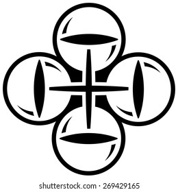 Quadcopter flight. Black vector icon on a white background.