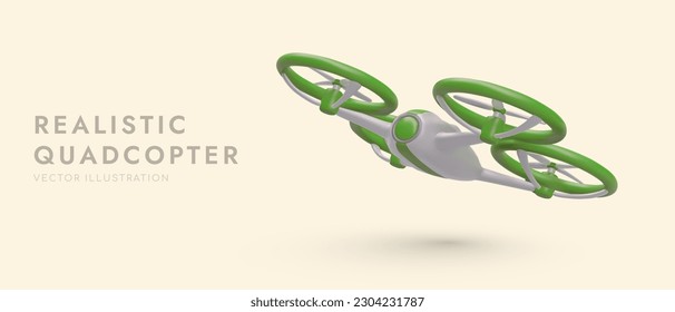 Quadcopter in flight, bottom view. Realistic image of flying vehicle. Equipment for video and photography from above. Aerial reconnaissance, espionage from sky. Horizontal banner with 3D illustration