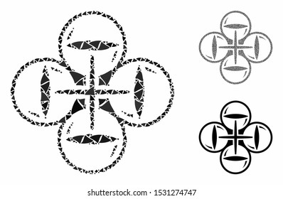 Quadcopter flight composition of raggy parts in different sizes and color tinges, based on quadcopter flight icon. Vector raggy parts are combined into illustration.