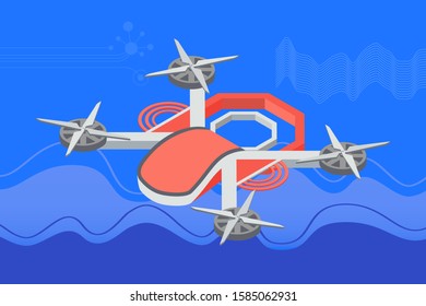 Quadcopter flying, area in purple color, 3d view of wireless device in sky, controlling equipment. Multicopter innovation, piloting object, professional modern robot with propeller, security vector
