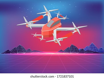 Quadcopter flying, area in purple color, 3d view of wireless device in sky, controlling equipment. Multicopter innovation, piloting object, professional modern robot with propeller, security vector