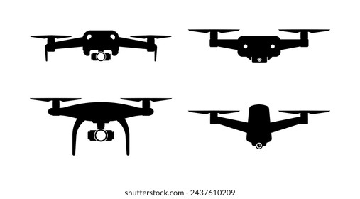 Quadcopter and flying drone icons on white background. Drone quadrocopter with action camera. Photo and video. Vector illustration.