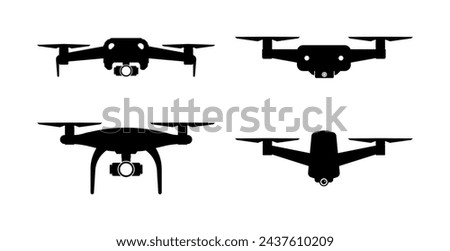 Quadcopter and flying drone icons on white background. Drone quadrocopter with action camera. Photo and video. Vector illustration.