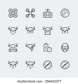 Quadcopter and flying drone icons in thin line style