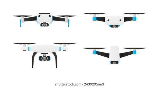 Quadcopter and flying drone on white background. Drone quadrocopter with action camera. Photo and video. Vector illustration.