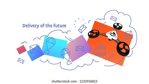 quadcopter flying fast drone delivery of the future concept sketch doodle horizontal isolated flat vector illustration