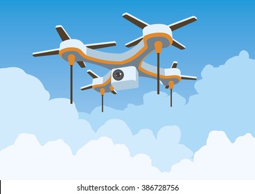 Quadcopter flying on sky with clouds vector illustration