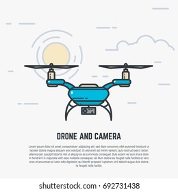 Quadcopter flying in sky. Drone with camera. Flat style line modern vector illustration with retro colors.