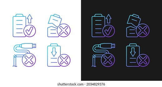 Quadcopter gradient manual label icons set for dark and light mode. Thin line contour symbols bundle. Isolated vector outline illustrations collection on black and white for product use instructions