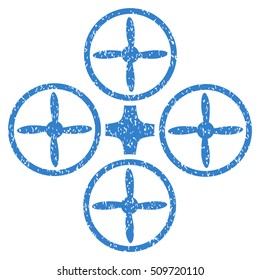 Quadcopter grainy textured icon for overlay watermark stamps. Flat symbol with dirty texture. Dotted vector cobalt ink rubber seal stamp with grunge design on a white background.