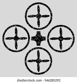 Quadcopter grainy textured icon for overlay watermark stamps. Flat symbol with dust texture. Dotted vector black ink rubber seal stamp with grunge design on a light gray background.