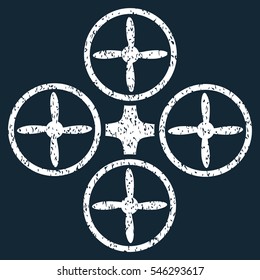 Quadcopter grainy textured icon for overlay watermark stamps. Flat symbol with scratched texture. Dotted vector white ink rubber seal stamp with grunge design on a dark blue background.