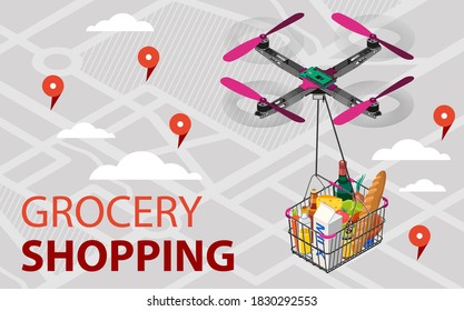 Quadcopter with a grocery basket. Vector Illustration.