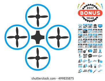 Quadcopter icon with bonus 2017 new year icon set. Vector illustration style is flat iconic symbols, blue and gray colors, white background.