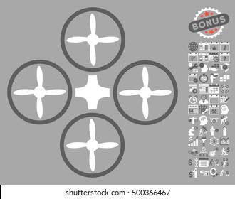 Quadcopter icon with bonus calendar and time management symbols. Vector illustration style is flat iconic symbols, dark gray and white colors, silver background.