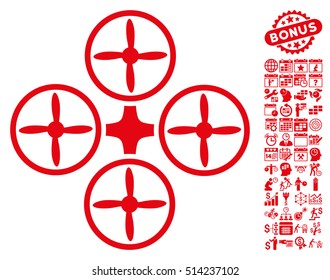 Quadcopter icon with bonus calendar and time management images. Vector illustration style is flat iconic symbols, red color, white background.