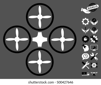 Quadcopter icon with bonus options pictures. Vector illustration style is flat iconic symbols, black and white colors, gray background.