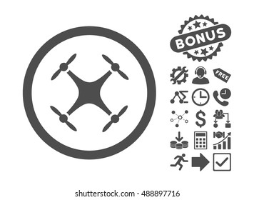 Quadcopter icon with bonus pictograph collection. Vector illustration style is flat iconic symbols, gray color, white background.